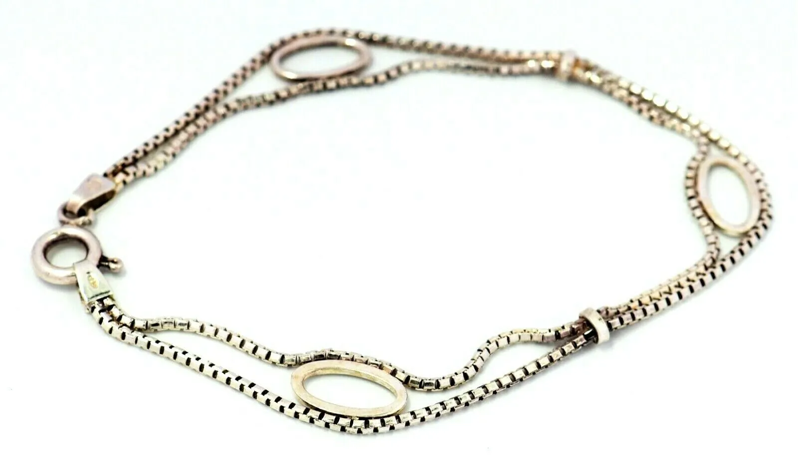 925 Sterling Silver Box Chain Bracelet with Oval Inserts