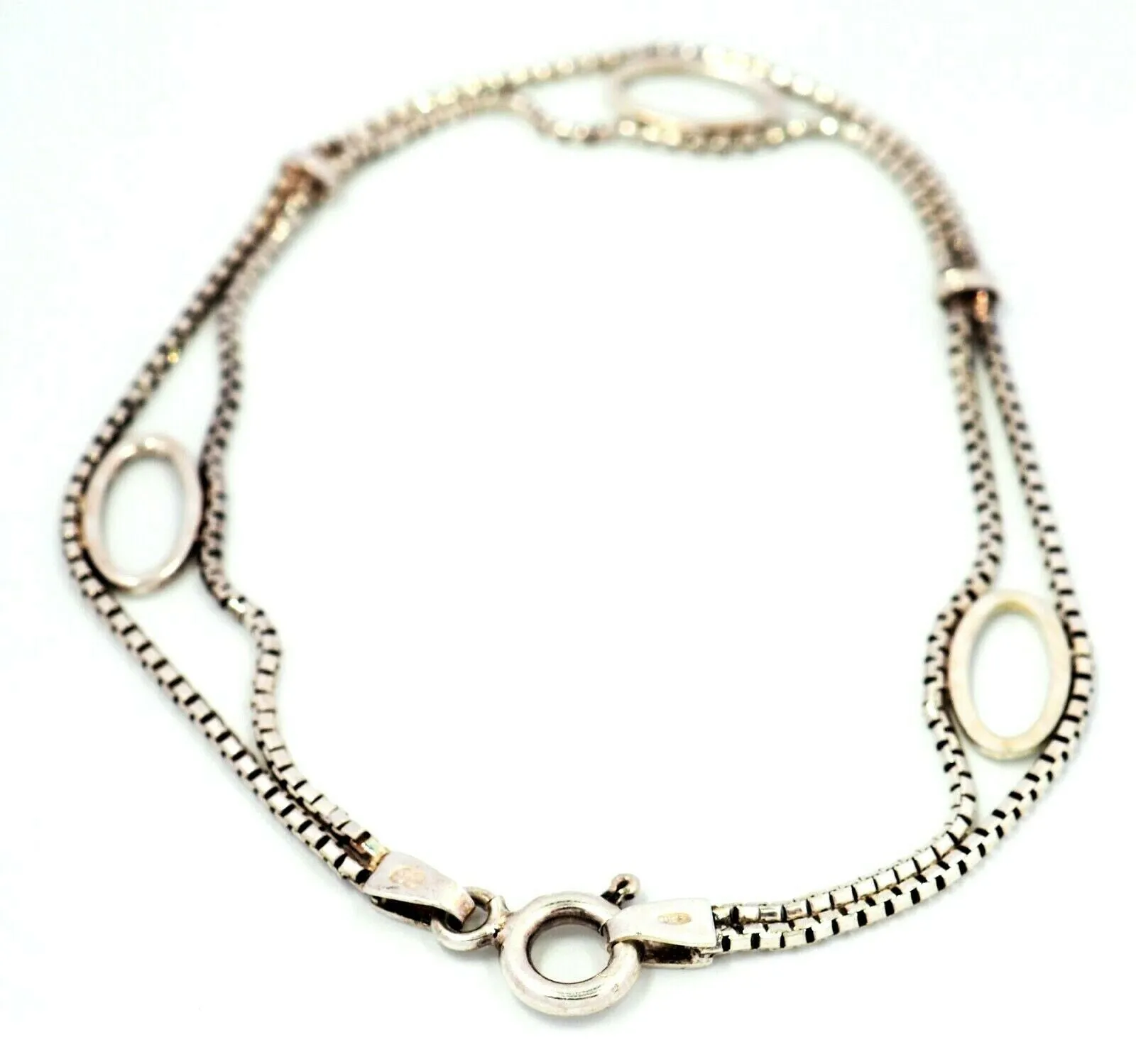 925 Sterling Silver Box Chain Bracelet with Oval Inserts