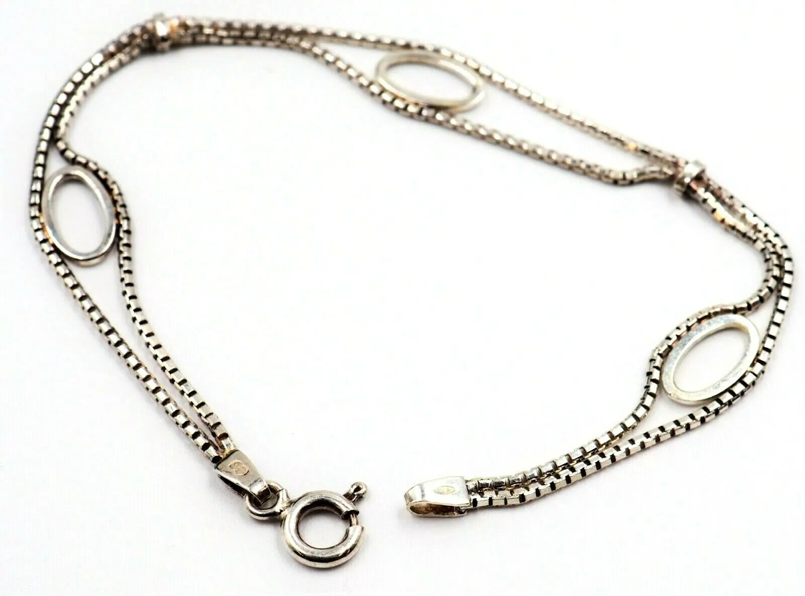 925 Sterling Silver Box Chain Bracelet with Oval Inserts