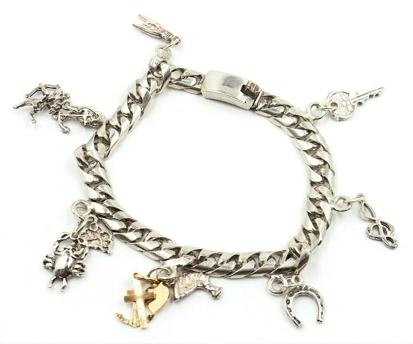 925 Sterling Silver Charm Bracelet 7 Charms Curb Chain Fine Mexican Jewellery