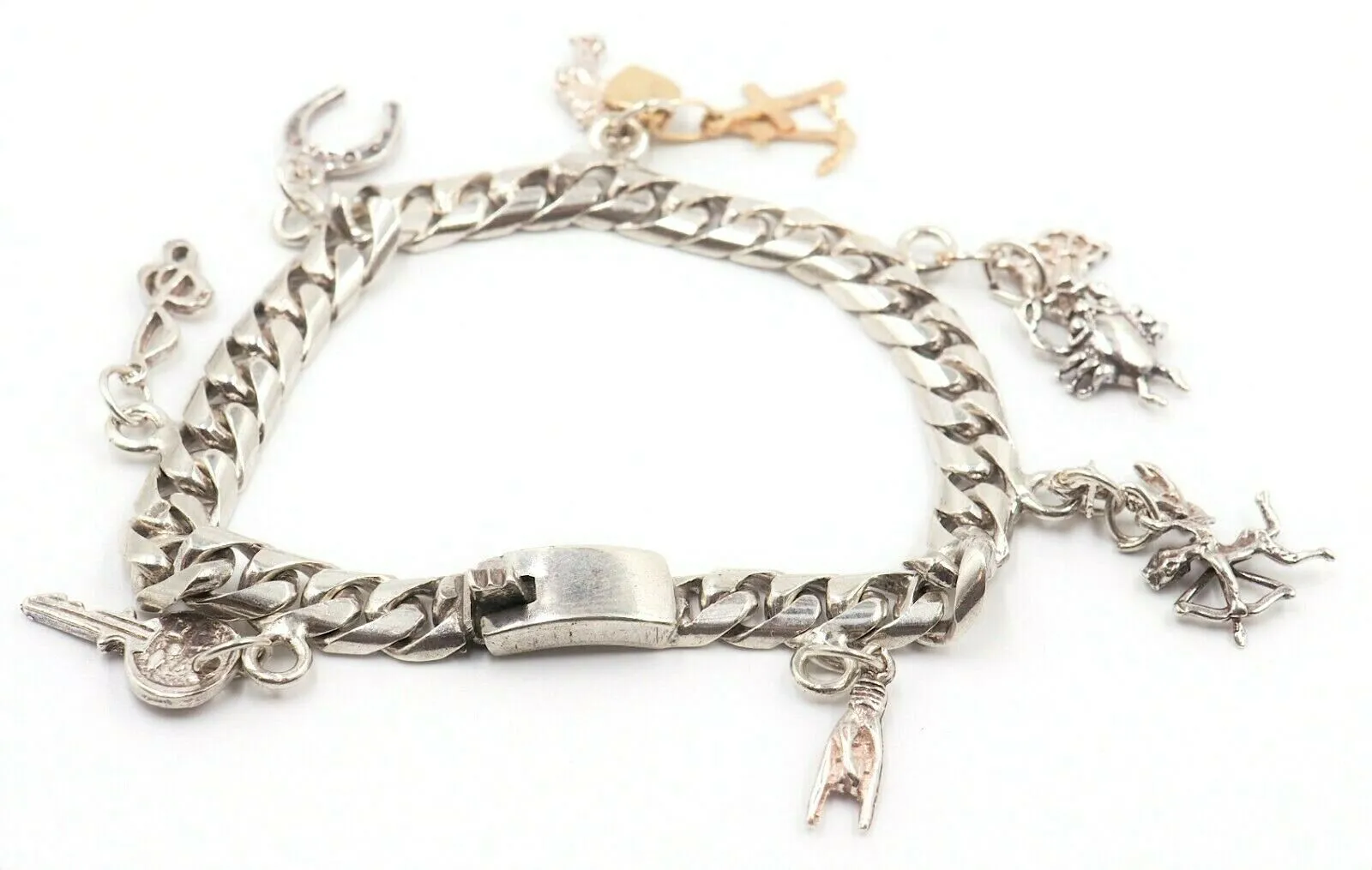 925 Sterling Silver Charm Bracelet 7 Charms Curb Chain Fine Mexican Jewellery