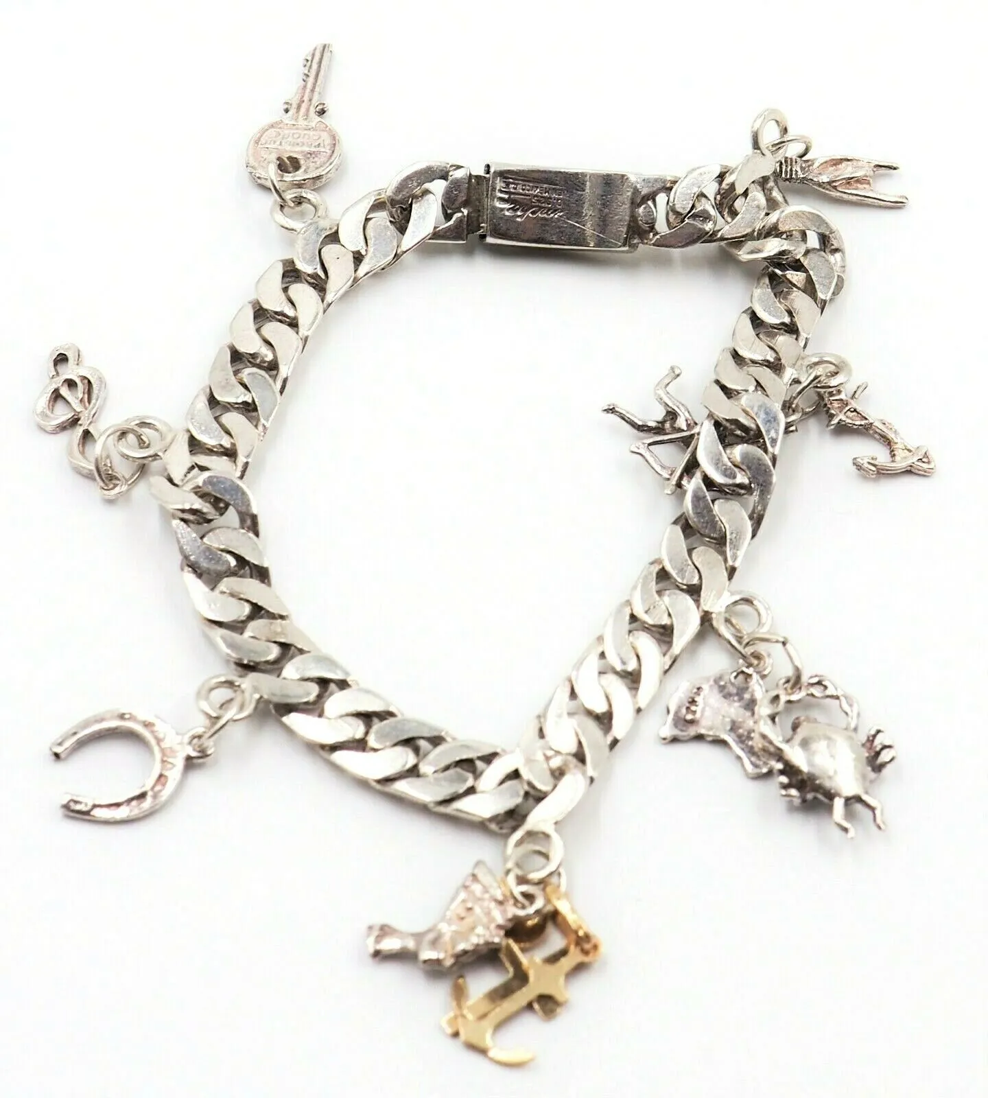 925 Sterling Silver Charm Bracelet 7 Charms Curb Chain Fine Mexican Jewellery