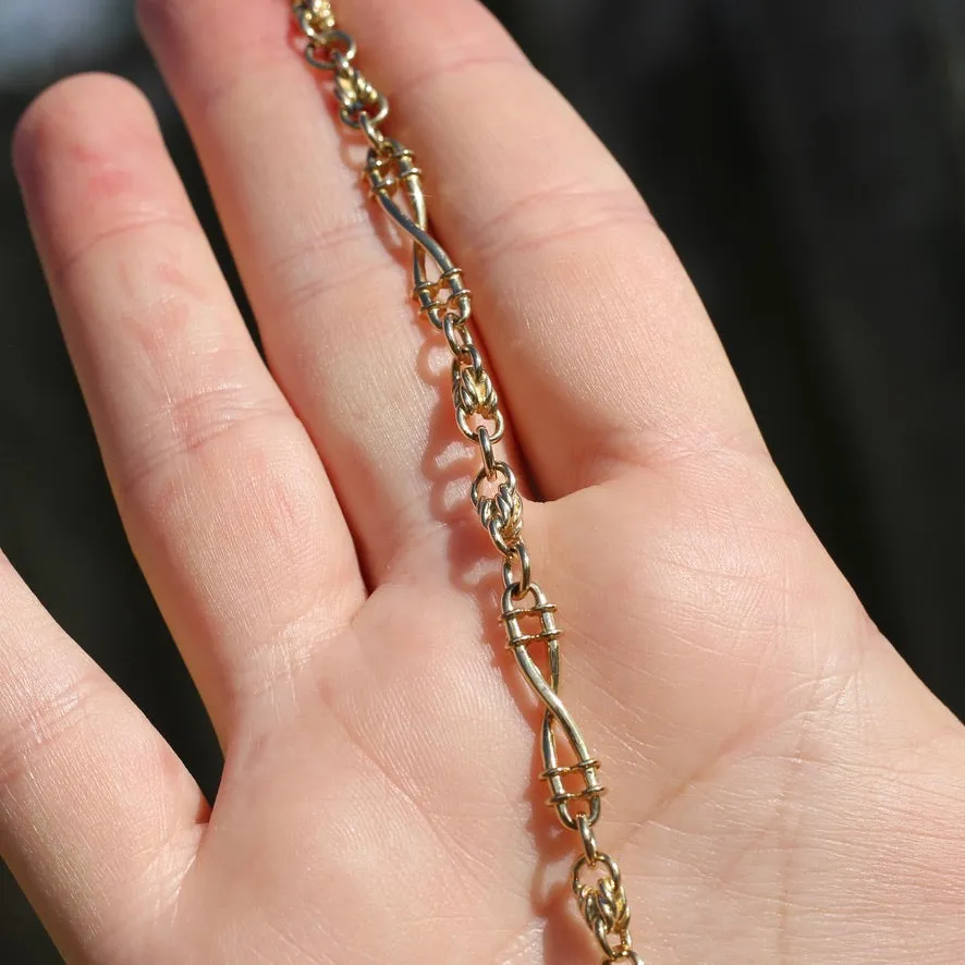 9ct Yellow Gold Fancy Twisted Trombone and Love Link Bracelet or Watch Chain Extender, 10.8g 20.5cm