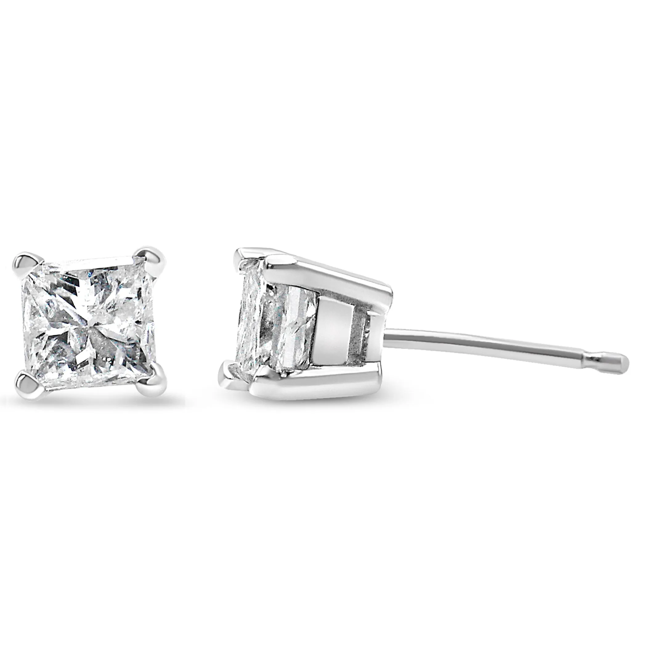 AGS Certified Princess-Cut Square Diamond Solitaire Stud Earrings in 14K Gold (J-K Color, SI1-SI2 Clarity)