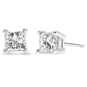 AGS Certified Princess-Cut Square Diamond Solitaire Stud Earrings in 14K Gold (J-K Color, SI1-SI2 Clarity)