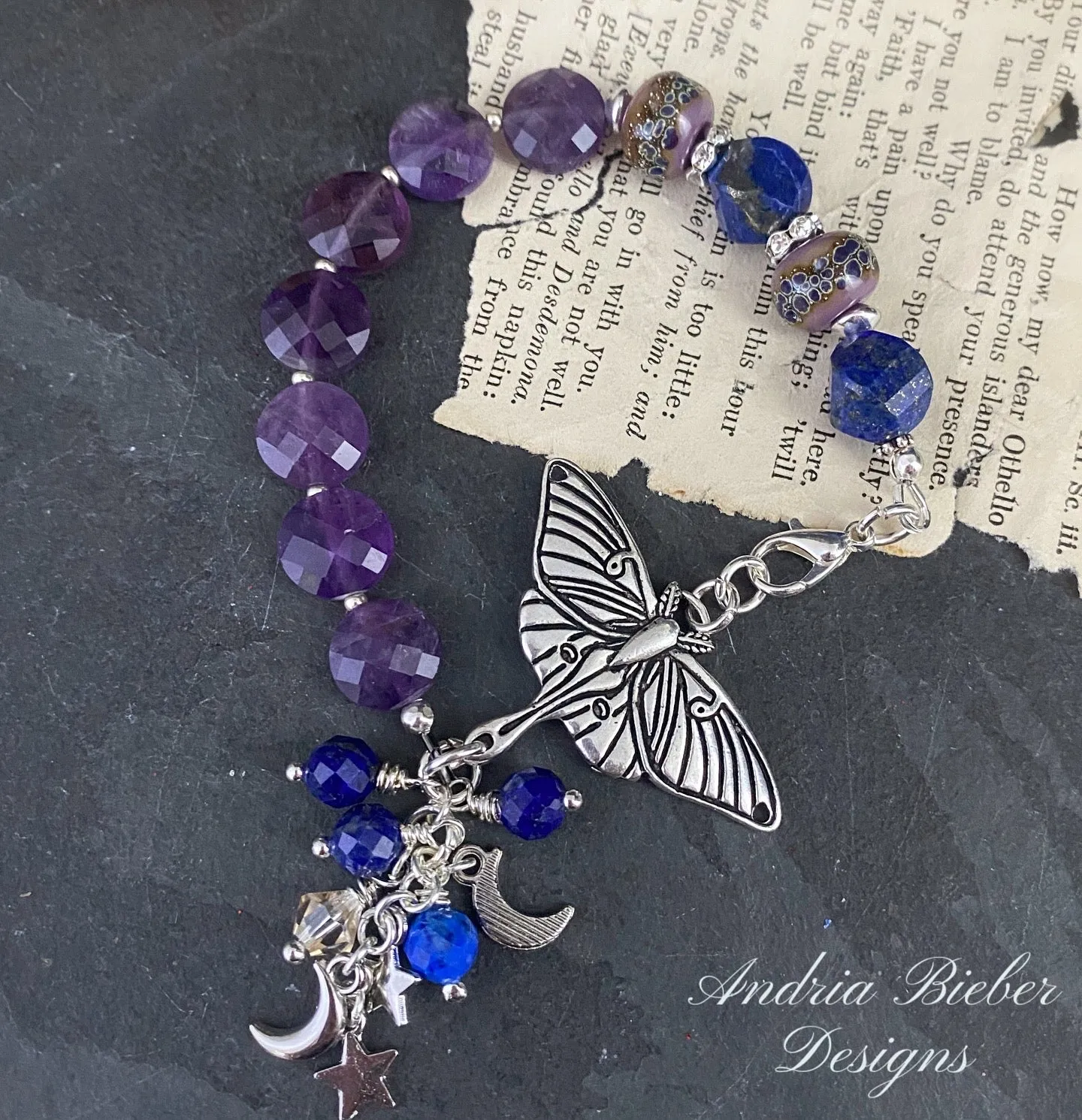 Amethyst stone, lampwork glass,lapis lazuli stone, silver metal, bracelet.