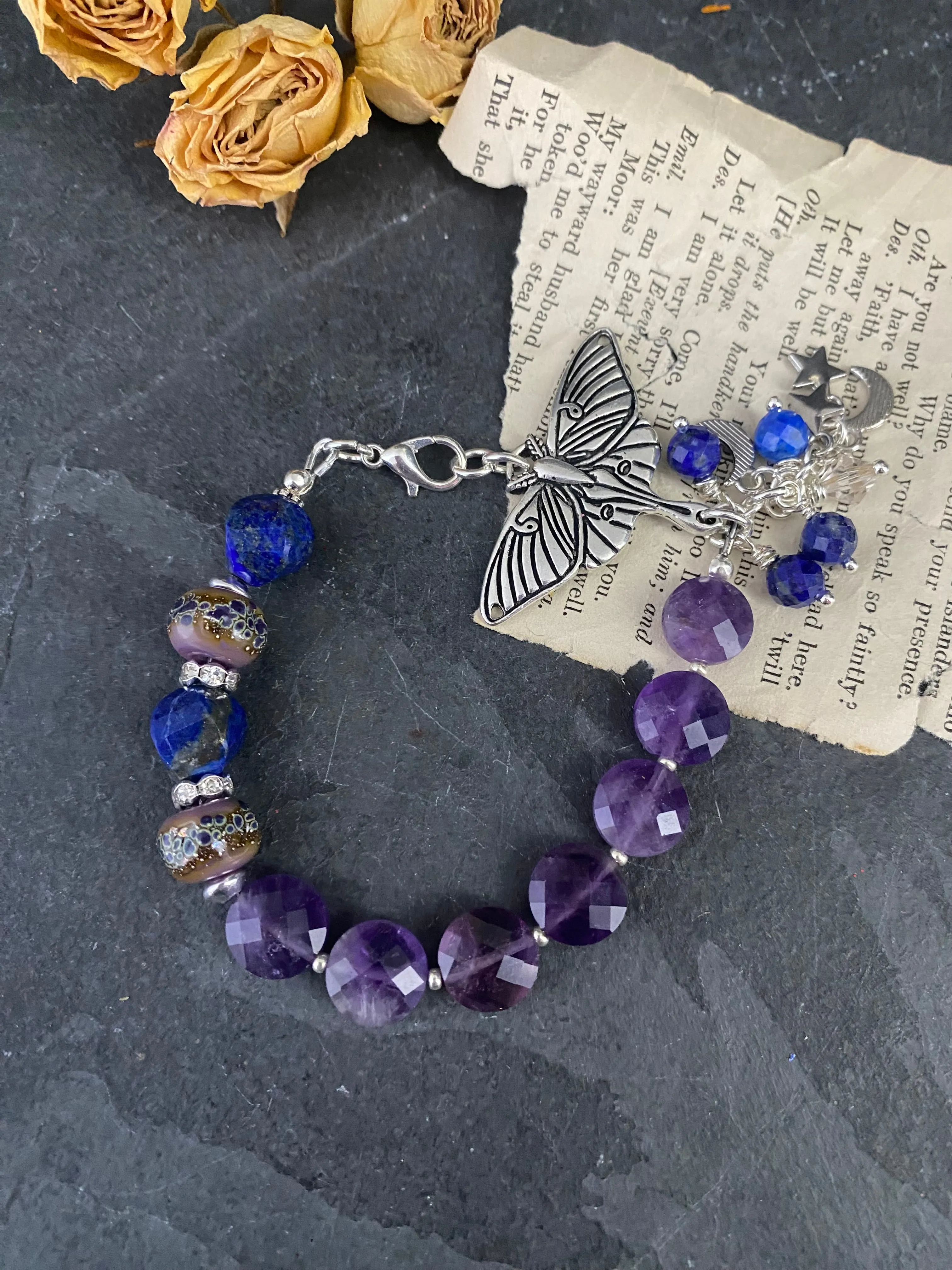 Amethyst stone, lampwork glass,lapis lazuli stone, silver metal, bracelet.