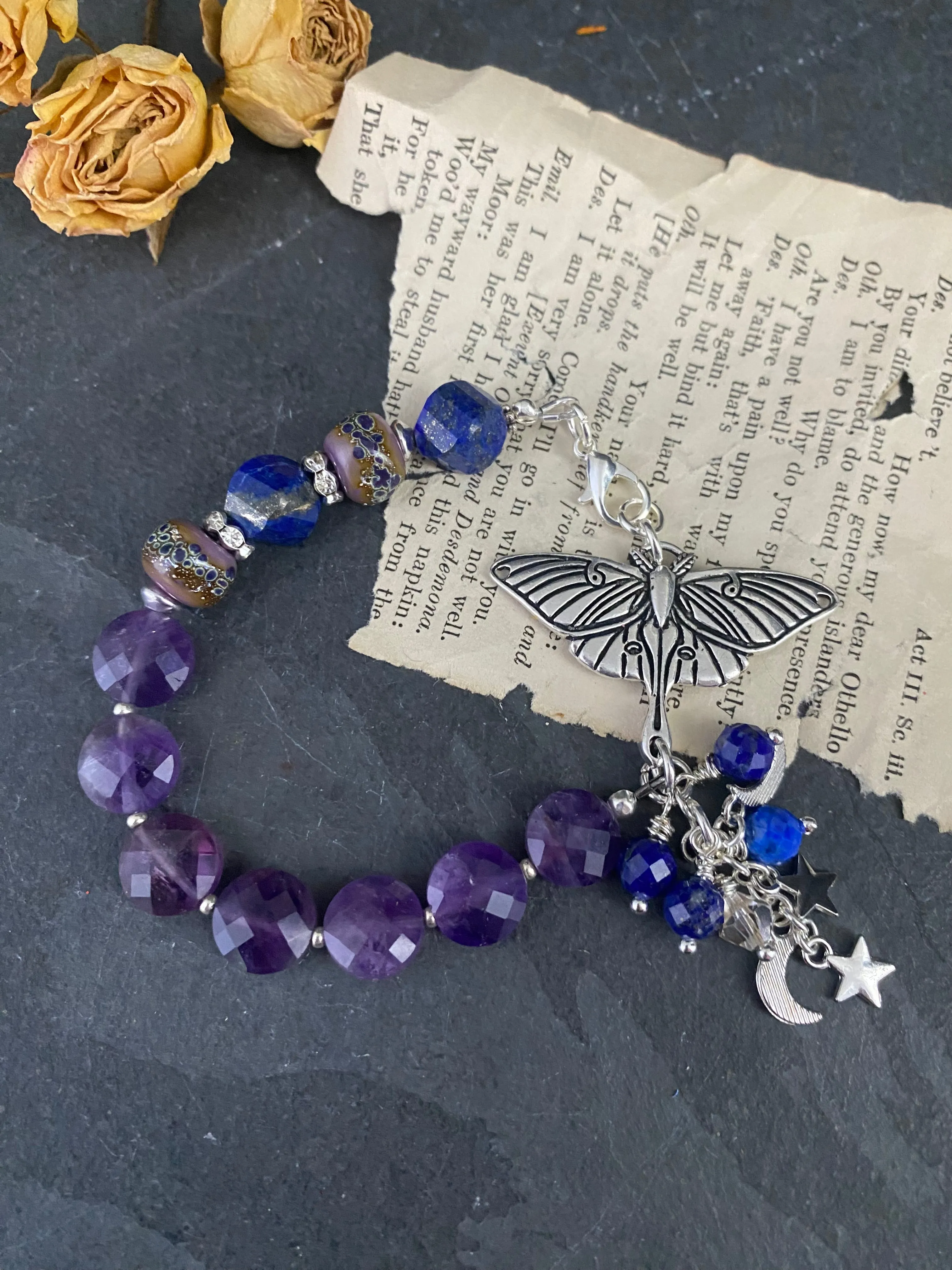 Amethyst stone, lampwork glass,lapis lazuli stone, silver metal, bracelet.