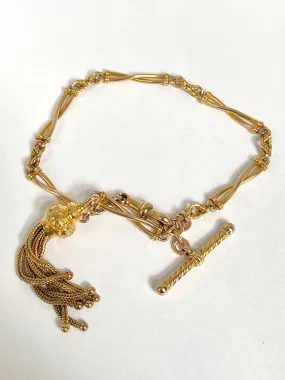 Antique, 9ct Gold Albertina Fancy Link Watch Chain Bracelet with T Bar, Dog Clip and Tassel