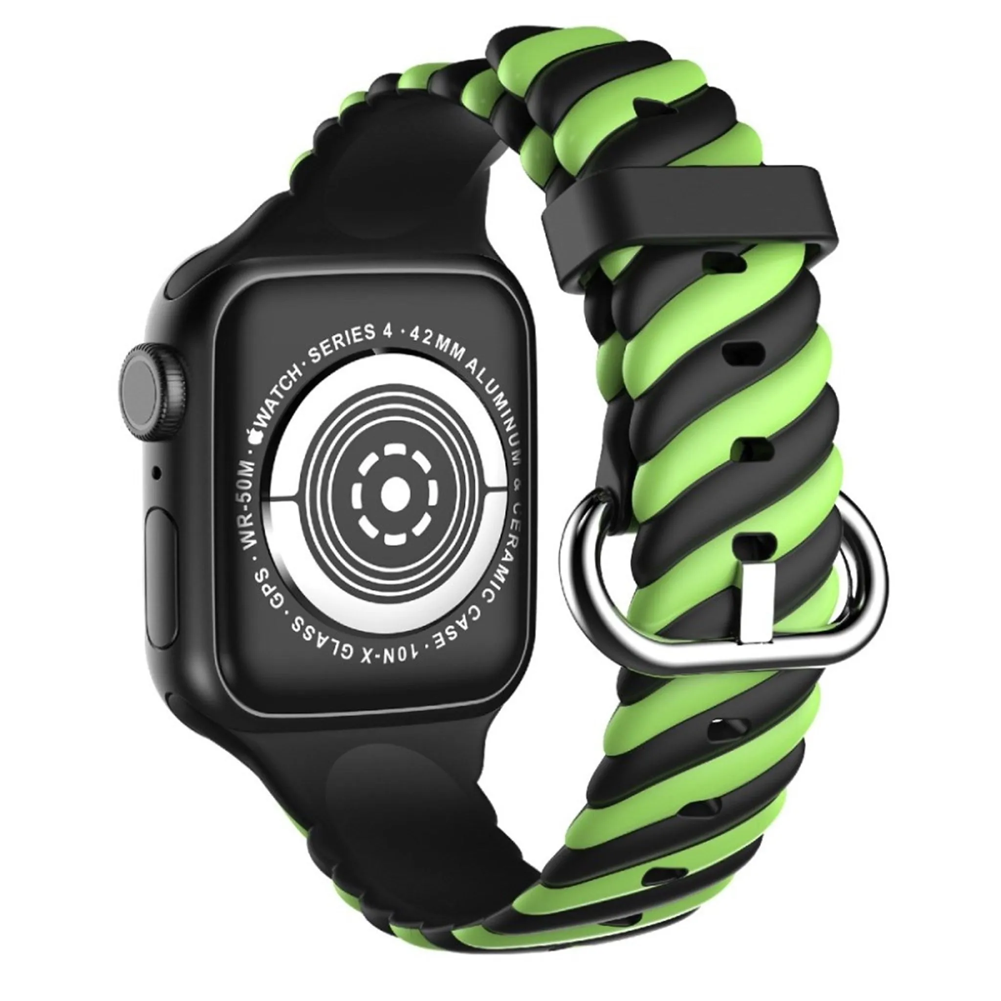 Apple Watch 44mm unique color twist silicone watch strap - Green / Black