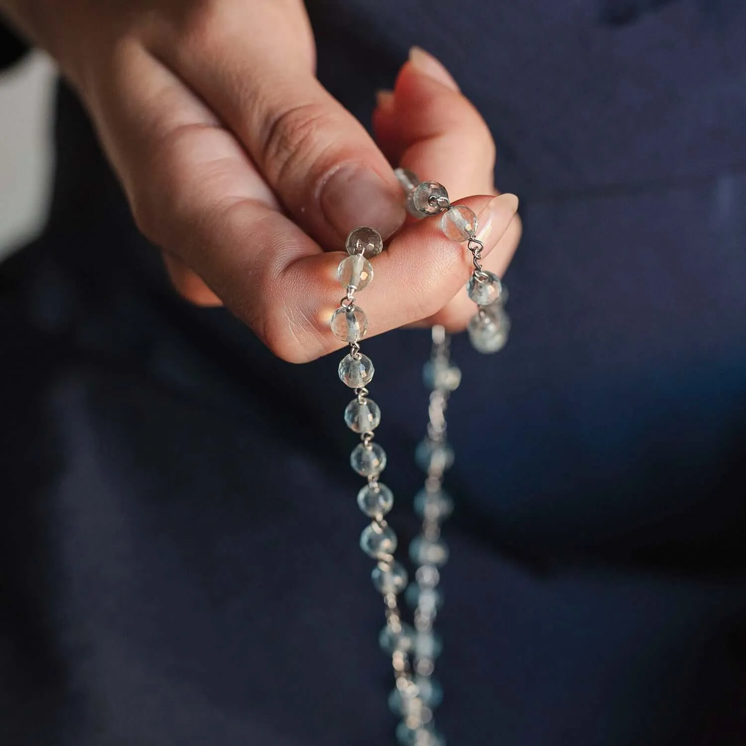 AQUAMARINE ROSARY - SILVER