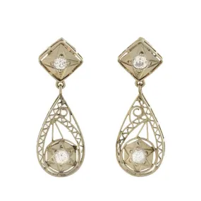 Art Deco 14kt Diamond   Starburst Filigree Teardrop Earrings