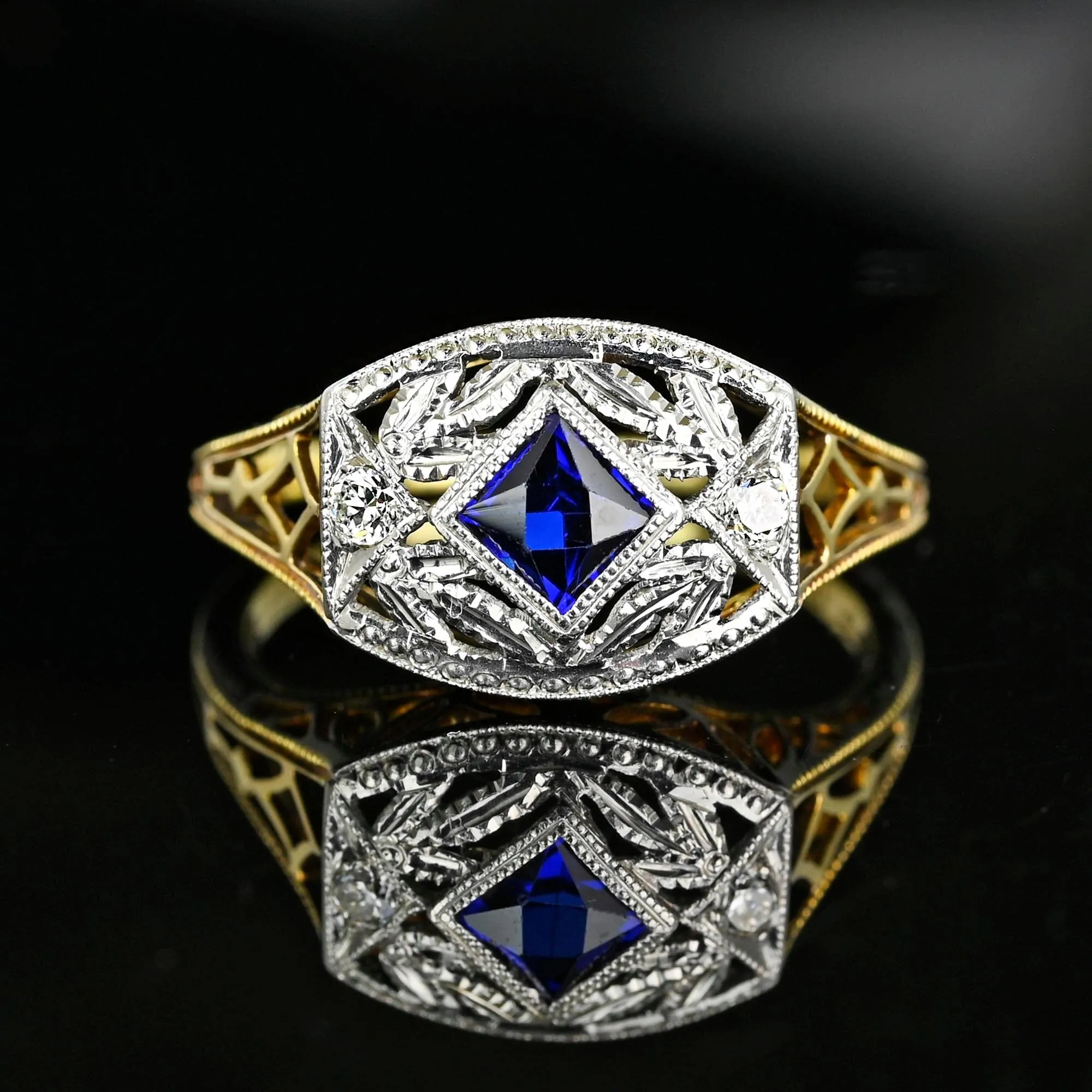 Art Deco Gold Filigree Diamond French Cut Sapphire Ring