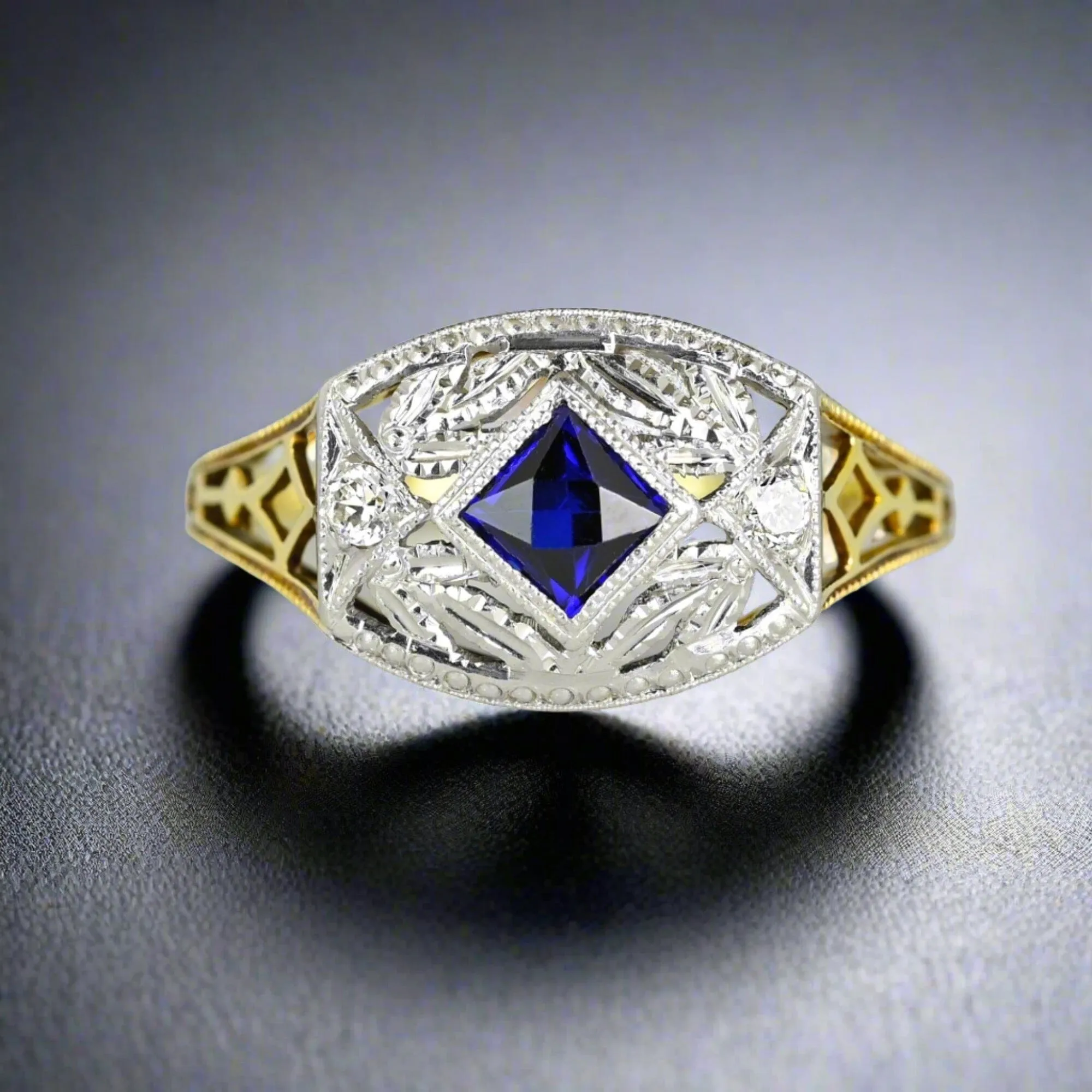 Art Deco Gold Filigree Diamond French Cut Sapphire Ring