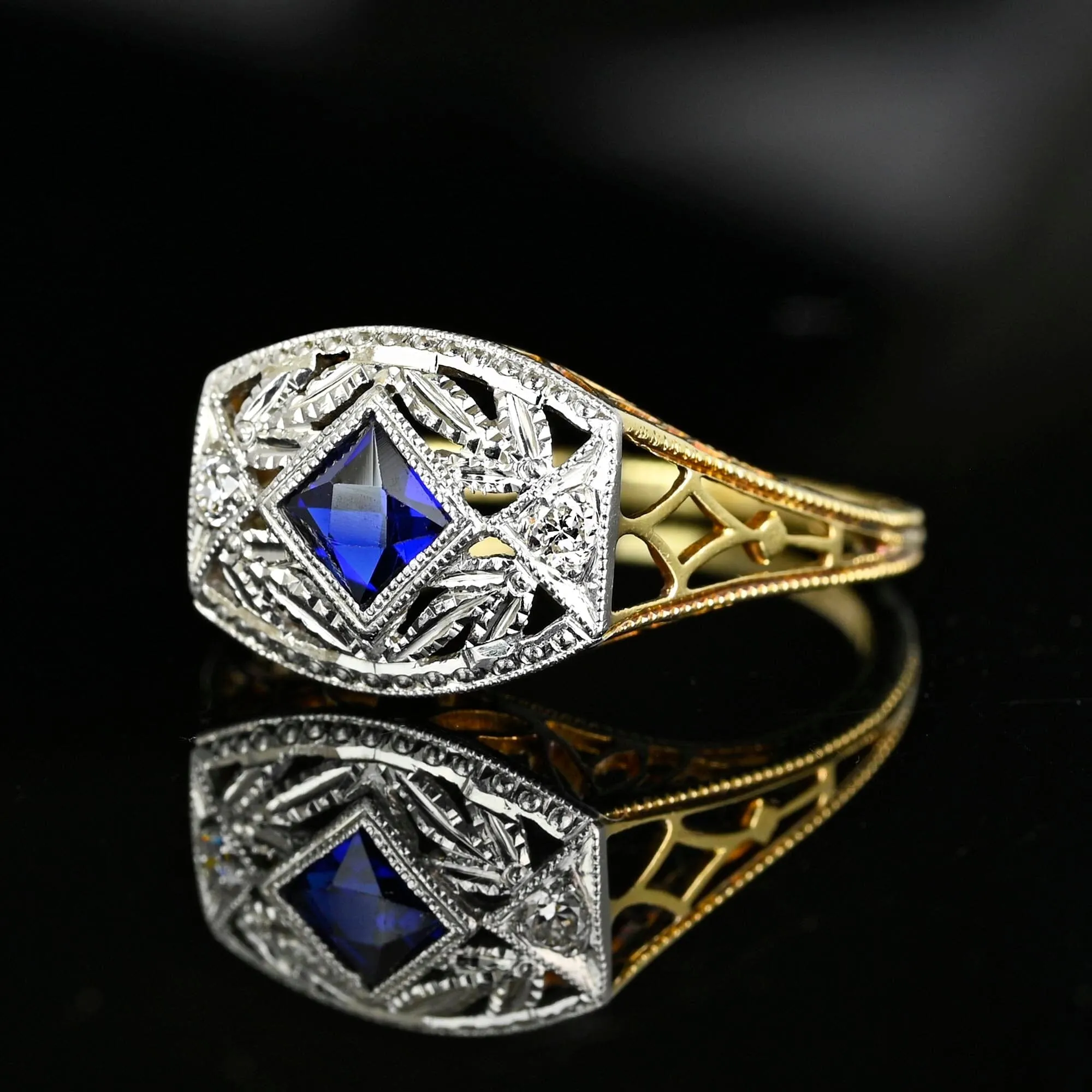 Art Deco Gold Filigree Diamond French Cut Sapphire Ring