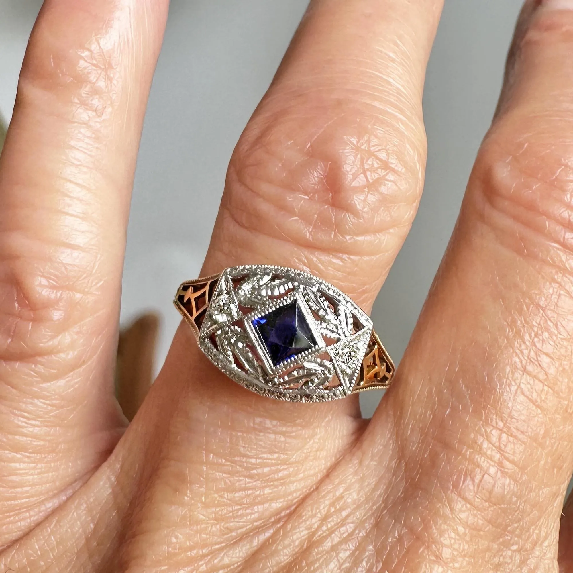 Art Deco Gold Filigree Diamond French Cut Sapphire Ring