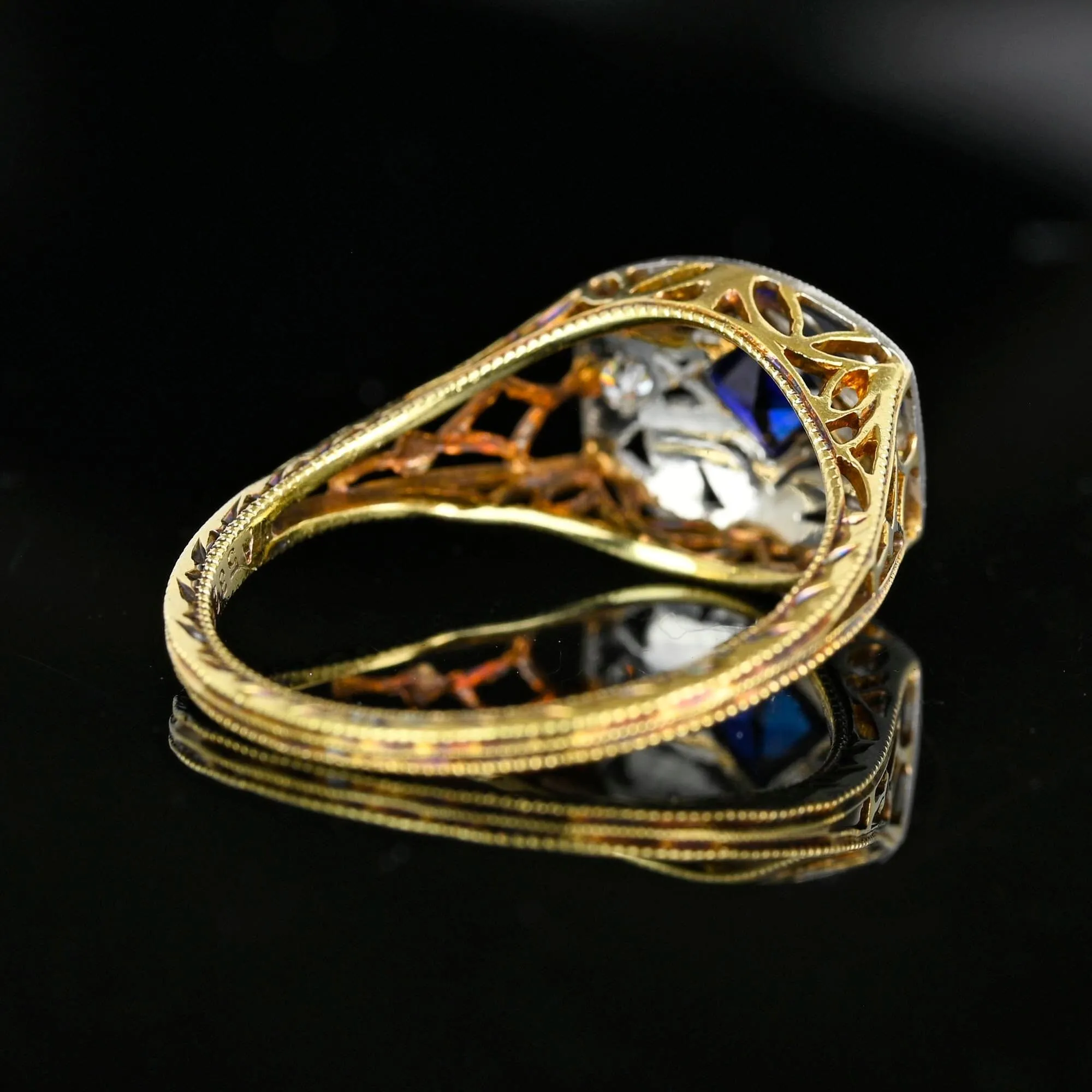 Art Deco Gold Filigree Diamond French Cut Sapphire Ring