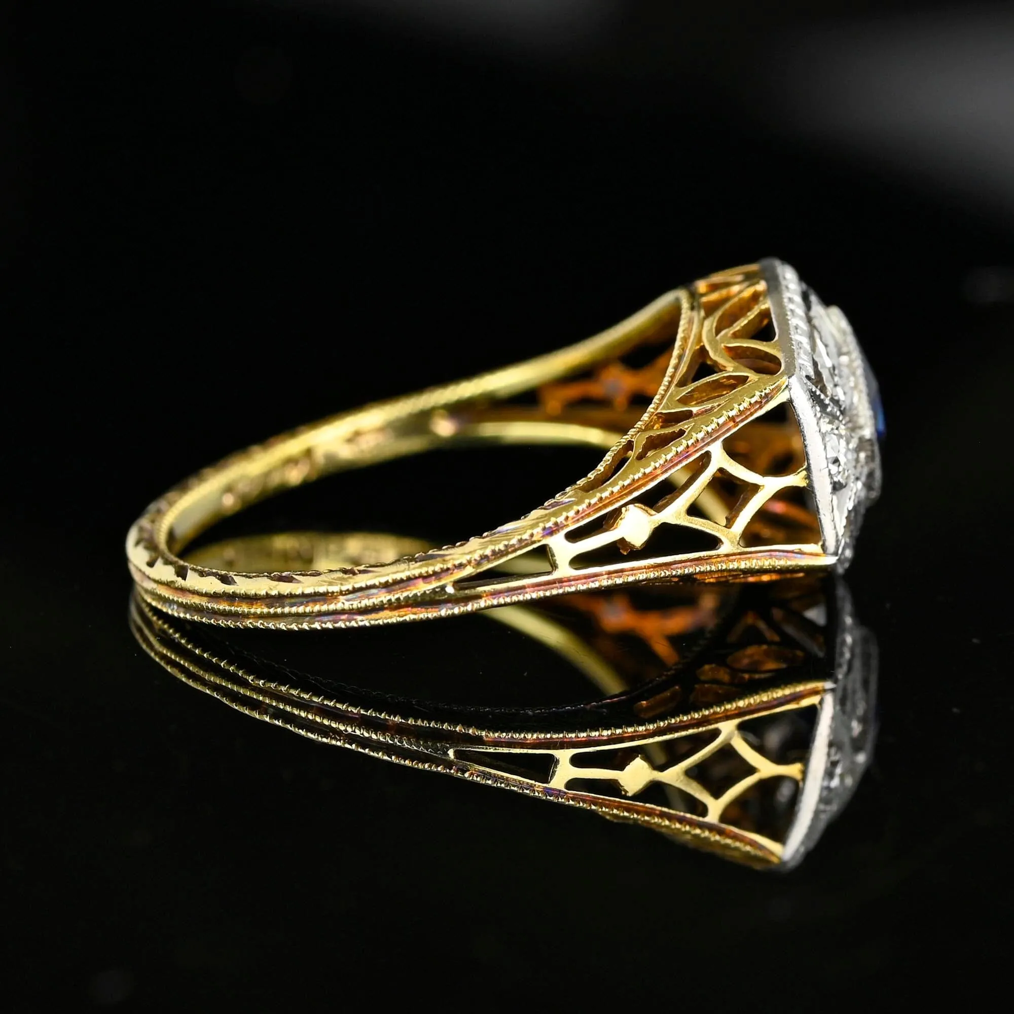 Art Deco Gold Filigree Diamond French Cut Sapphire Ring