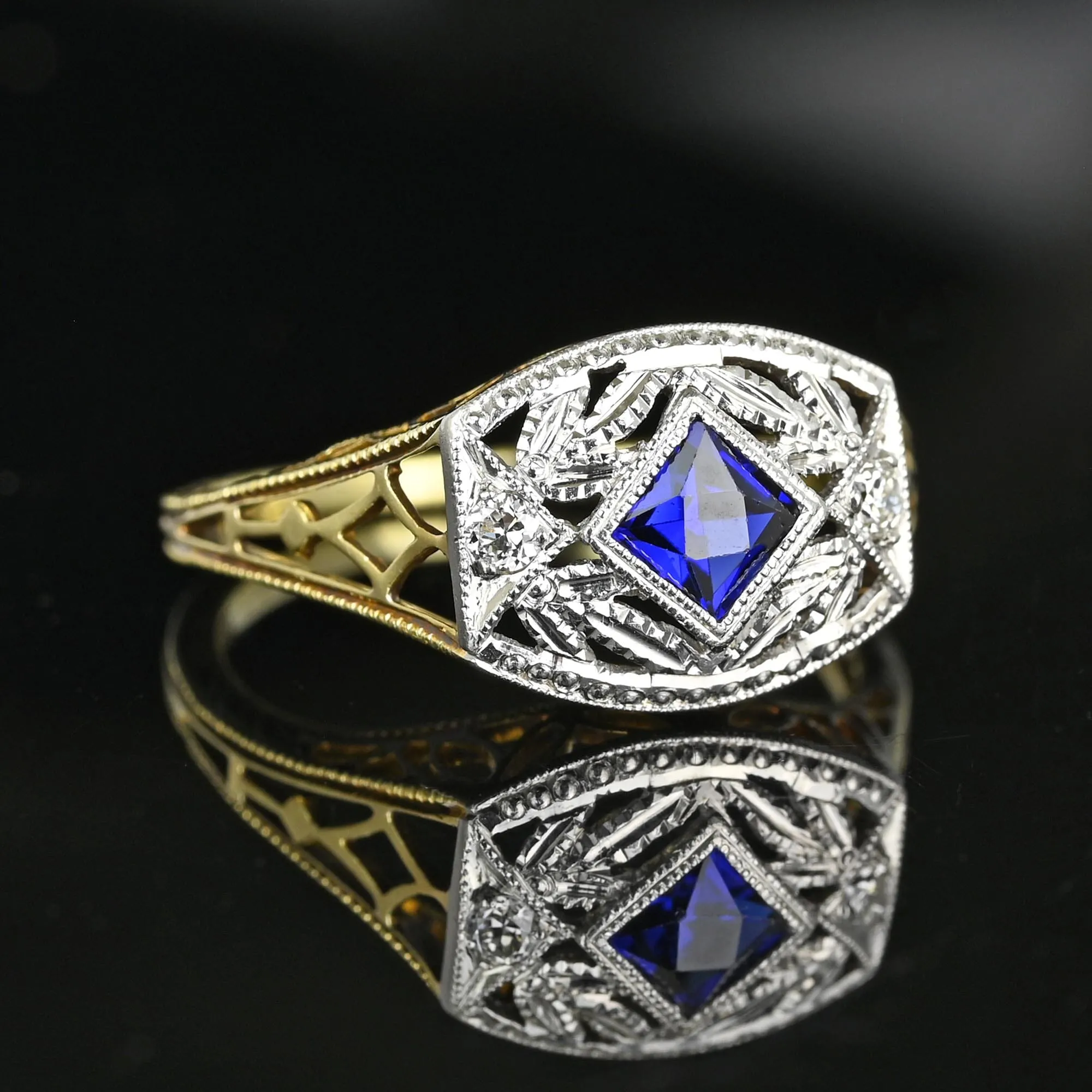 Art Deco Gold Filigree Diamond French Cut Sapphire Ring