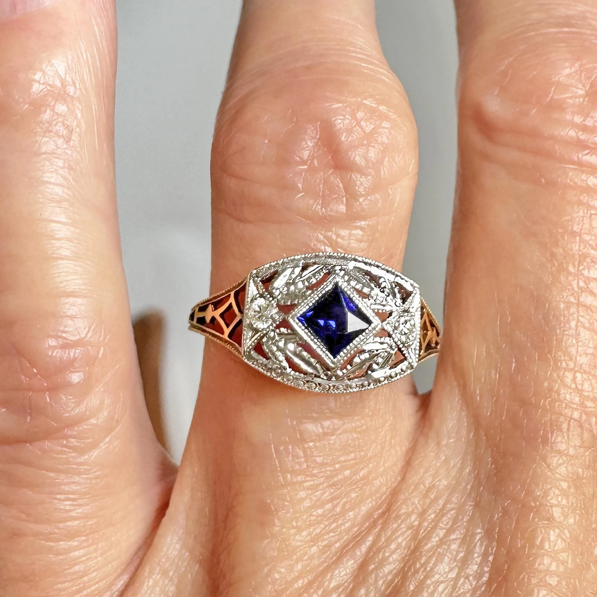 Art Deco Gold Filigree Diamond French Cut Sapphire Ring