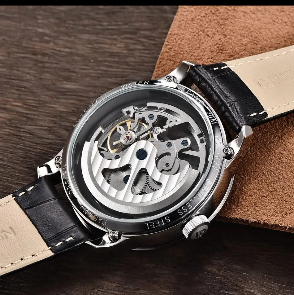 Automatic Mens Watches Skeleton Mechanical Wrist Watch Waterproof Genuine Leather Watchband Luxury Self-Winding Stainless Steel Analog Watch for Men Collection PAGANI DESIGN