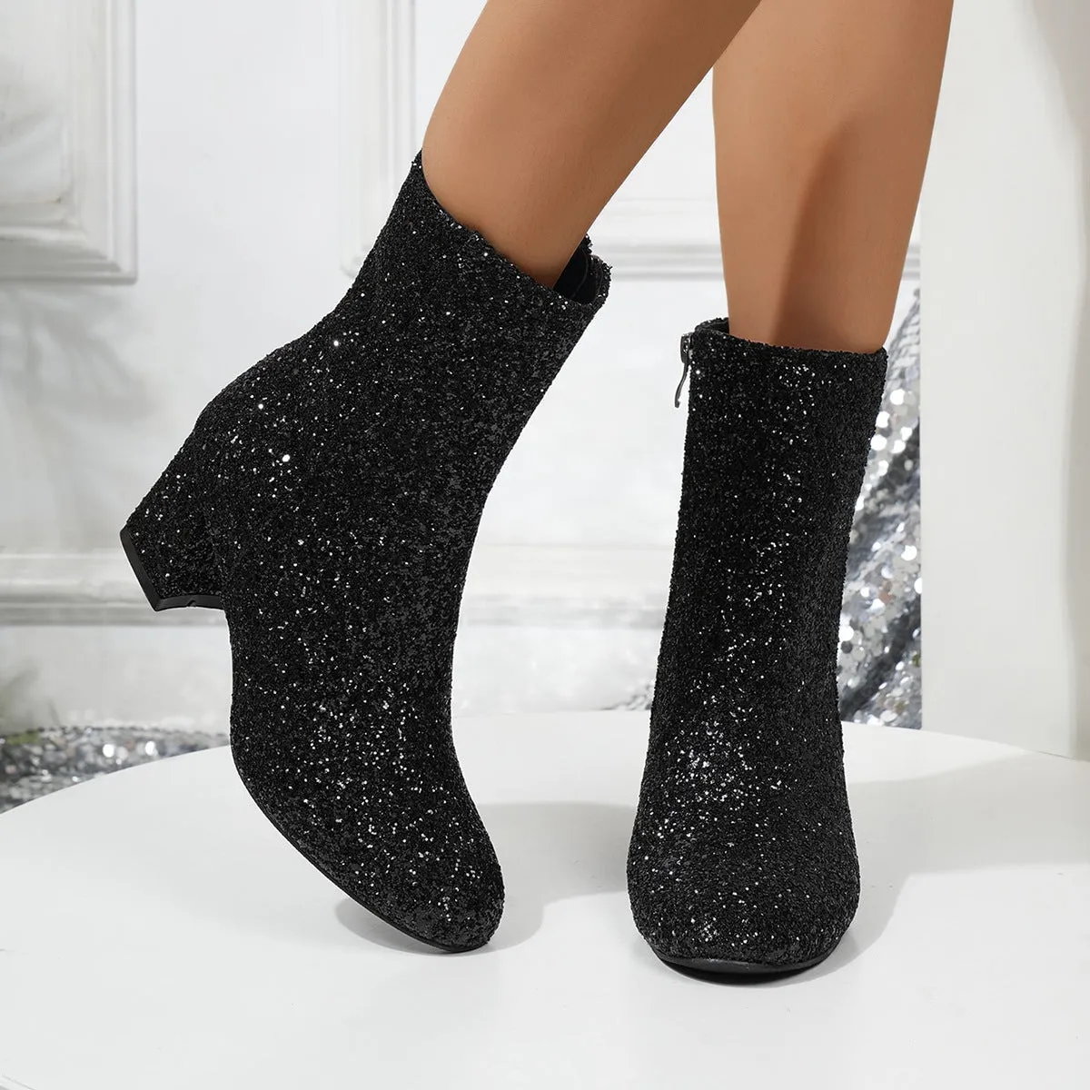 Autumn and Winter plus Size round Toe Sequin Chunky Heel Women's Fashion Boots Pink Sequin Cute Low-Cut Women's Boots