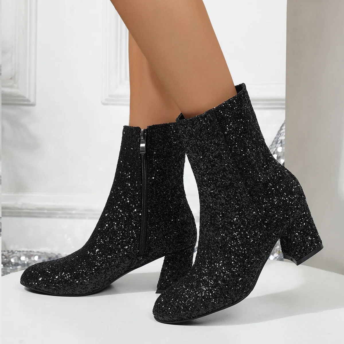 Autumn and Winter plus Size round Toe Sequin Chunky Heel Women's Fashion Boots Pink Sequin Cute Low-Cut Women's Boots