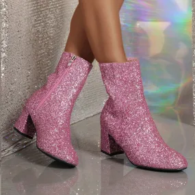 Autumn and Winter plus Size round Toe Sequin Chunky Heel Women's Fashion Boots Pink Sequin Cute Low-Cut Women's Boots