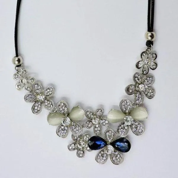 Betsey Johnson Blue & White Crystal Opal Colored Silver Flower Necklace