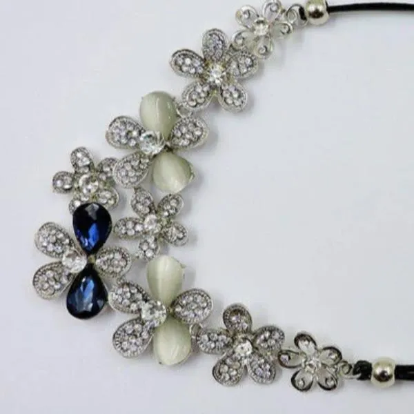 Betsey Johnson Blue & White Crystal Opal Colored Silver Flower Necklace