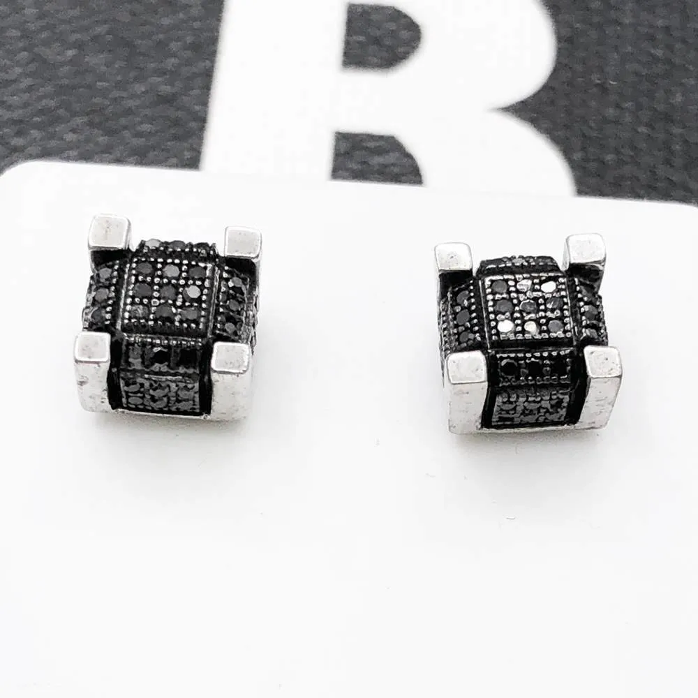 Black 3D Cube Diamond .28cttw Earrings .925 Sterling Silver