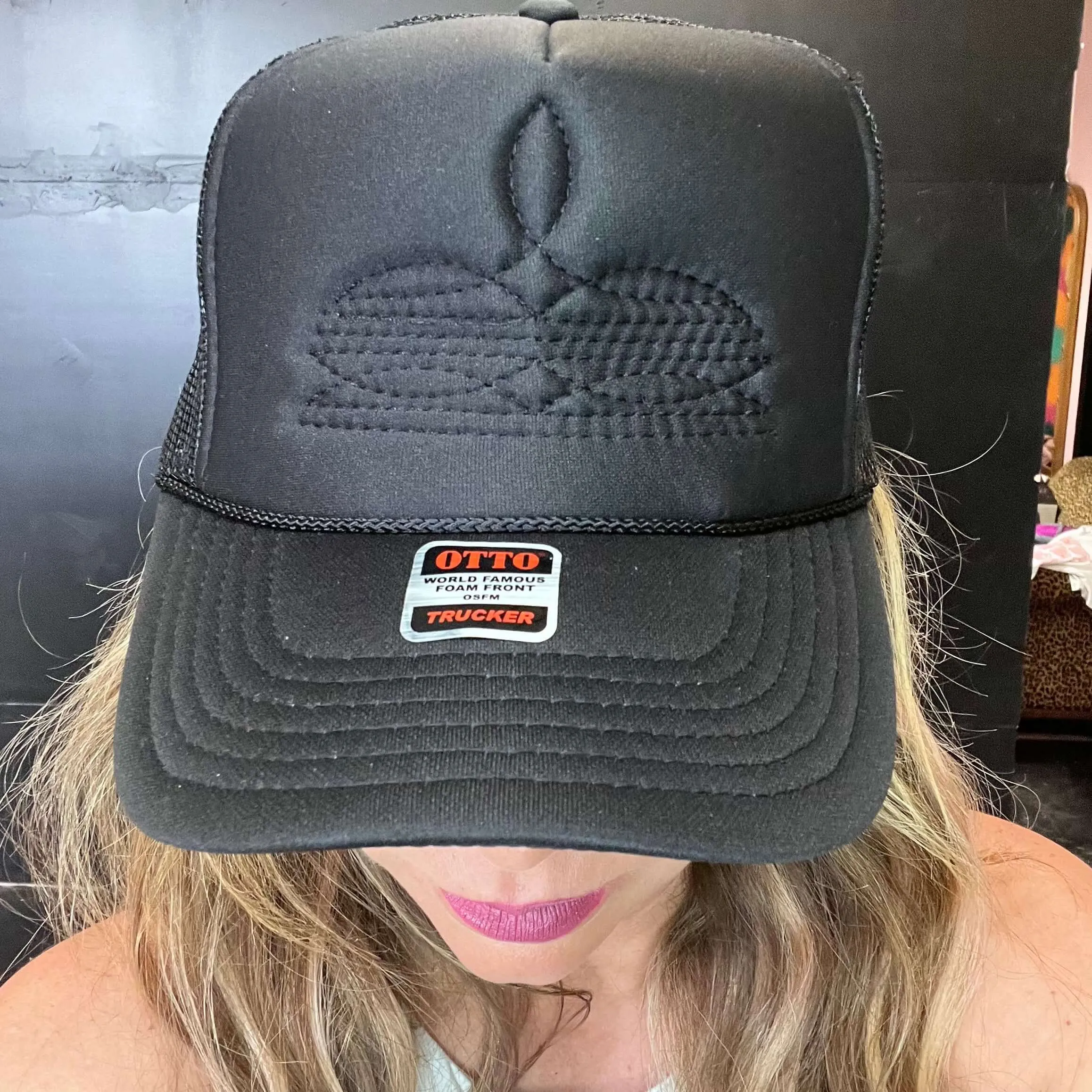 Black on Black Boot Stitch Trucker Hat