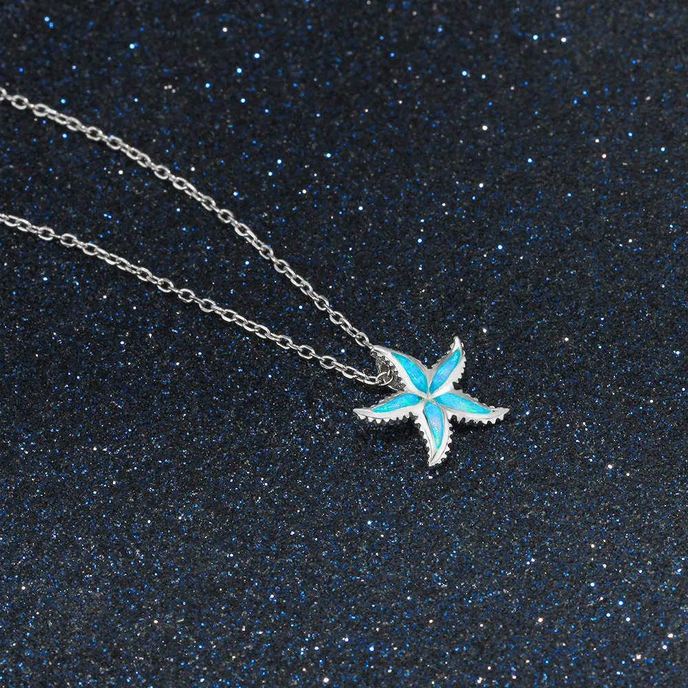 Blue Opal Serrated Starfish Sterling Silver Necklace