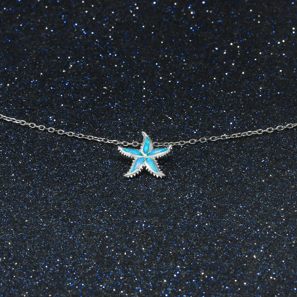 Blue Opal Serrated Starfish Sterling Silver Necklace