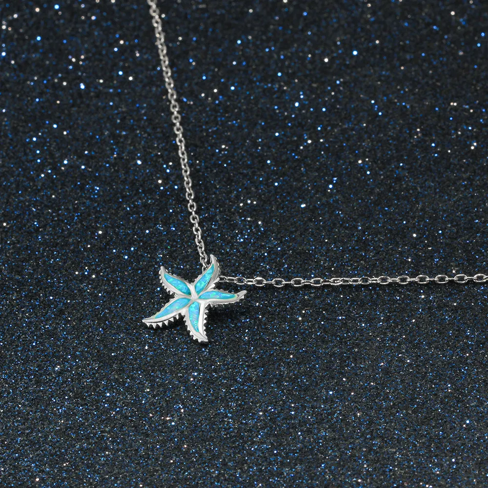 Blue Opal Serrated Starfish Sterling Silver Necklace