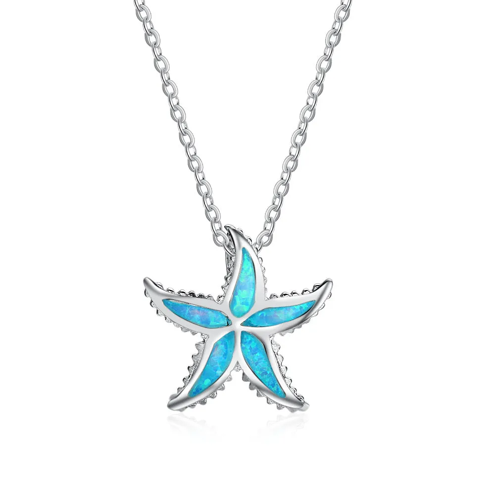 Blue Opal Serrated Starfish Sterling Silver Necklace