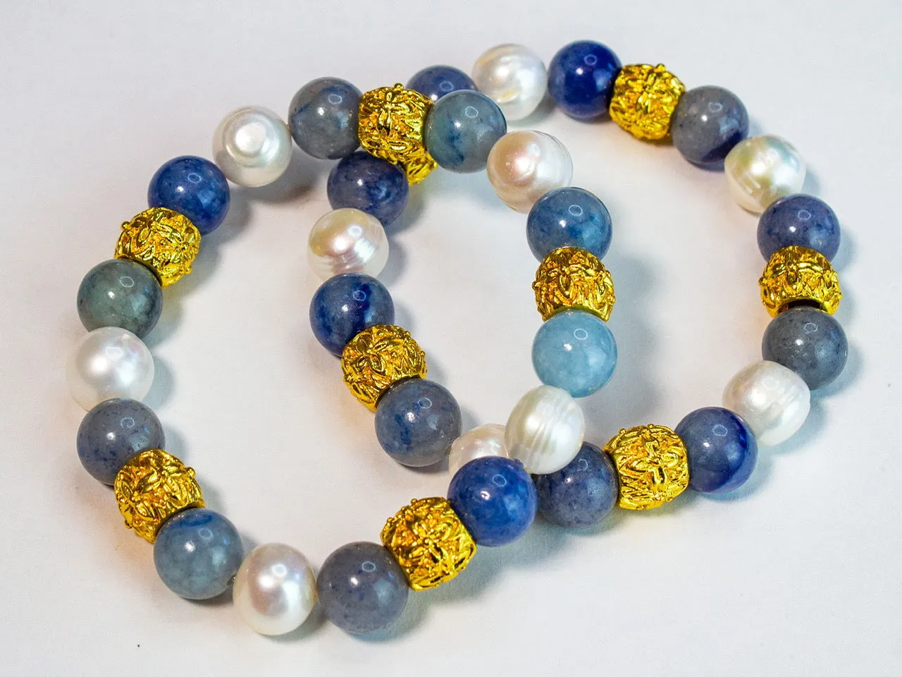 Blue Sodalite & Pearl Gemstone Gold Beaded Bracelet