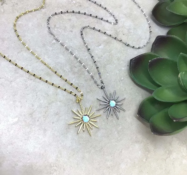 Boho Synthetic Opal Necklace Gold Sun God