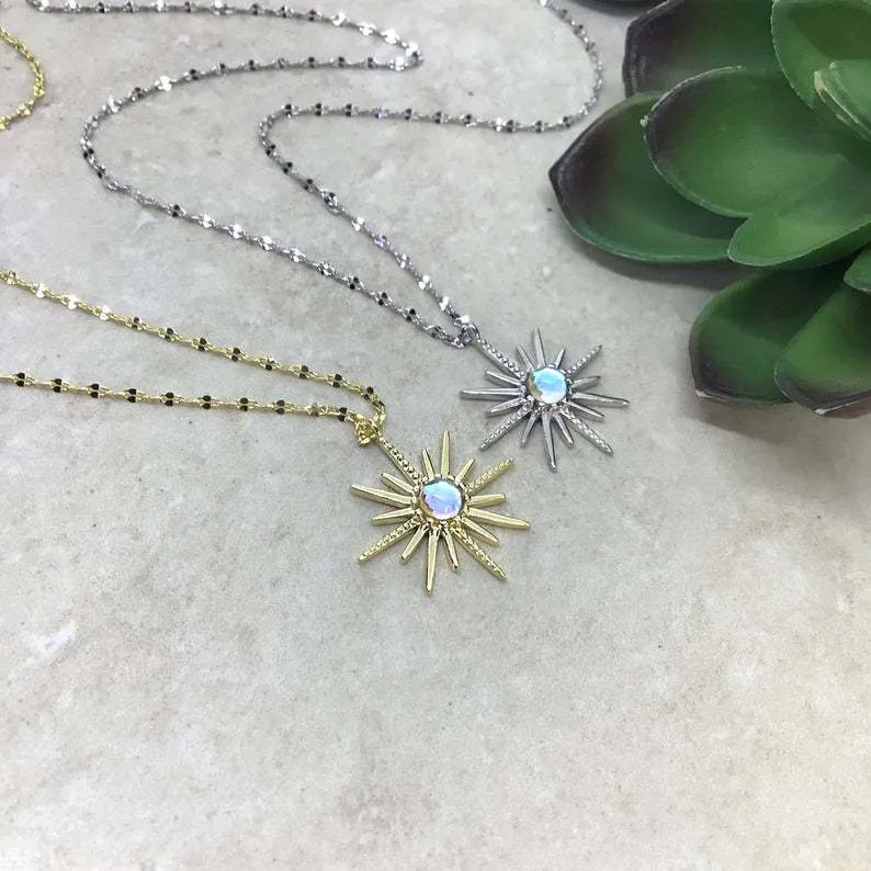 Boho Synthetic Opal Necklace Gold Sun God