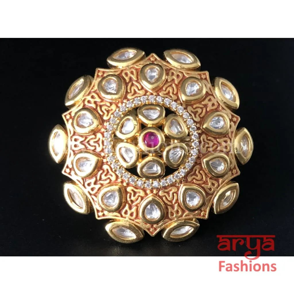 Bridal Geru Meenakari Flower Kundan Ring