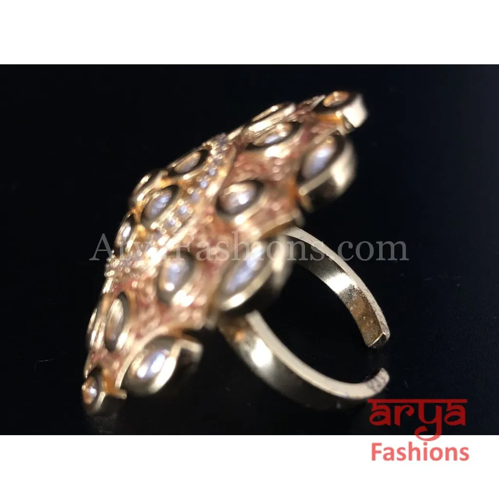 Bridal Geru Meenakari Flower Kundan Ring