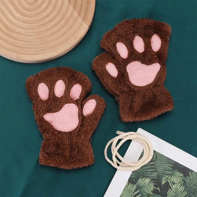 Cartoon Cat Girl Fluffy Bear Paw Winter Half Finger Christmas Gloves