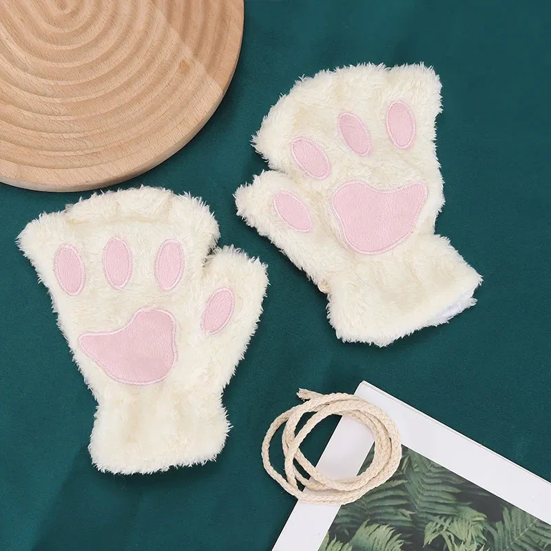 Cartoon Cat Girl Fluffy Bear Paw Winter Half Finger Christmas Gloves