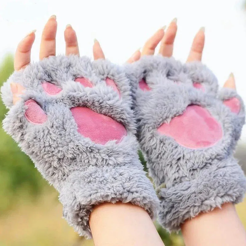 Cartoon Cat Girl Fluffy Bear Paw Winter Half Finger Christmas Gloves