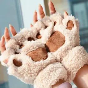 Cartoon Cat Girl Fluffy Bear Paw Winter Half Finger Christmas Gloves