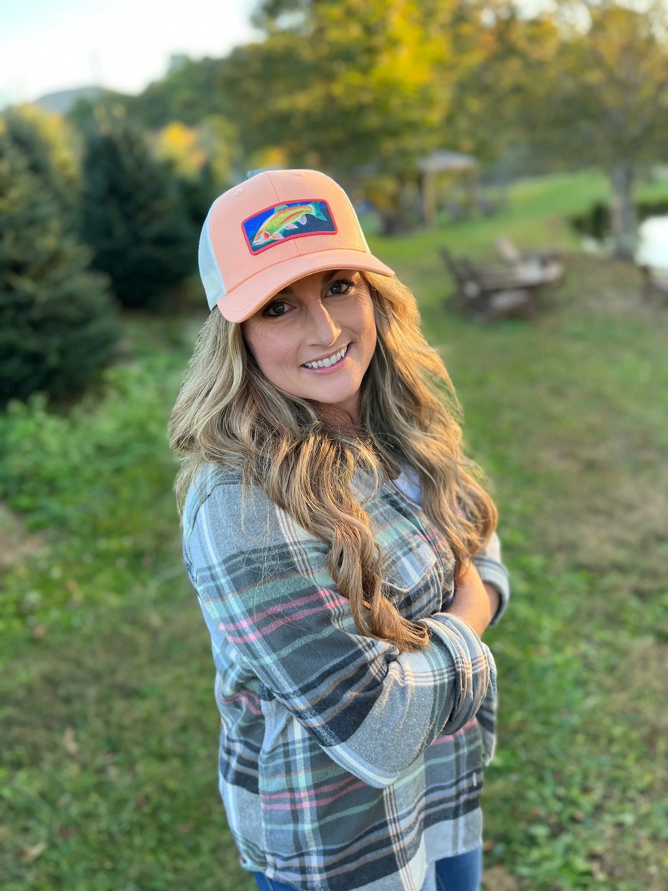 Christmas gift hat for mom | Rainbow Trout Print Stitch Patch Hat |  Adjustable Trucker Hat for Fisher | Colorful Print Stitch