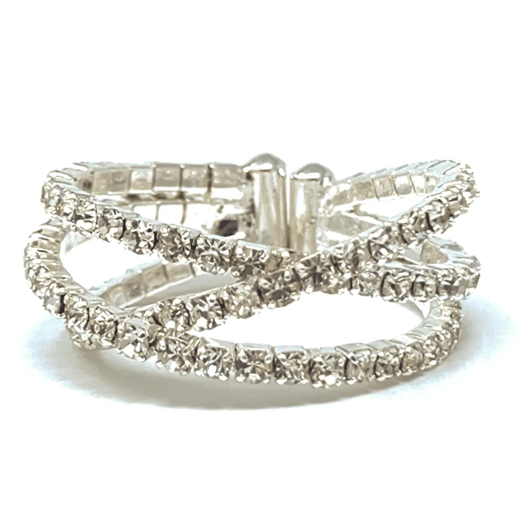 Clear Rhinestone Memory Wire Silver Crossover Cuff Ring