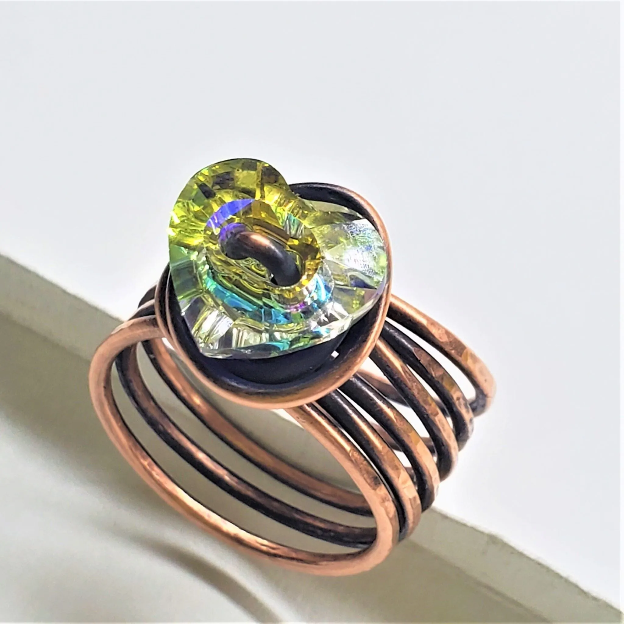 Copper Wire Wrapped Crystal Heart Glam Ring by Alexa Martha