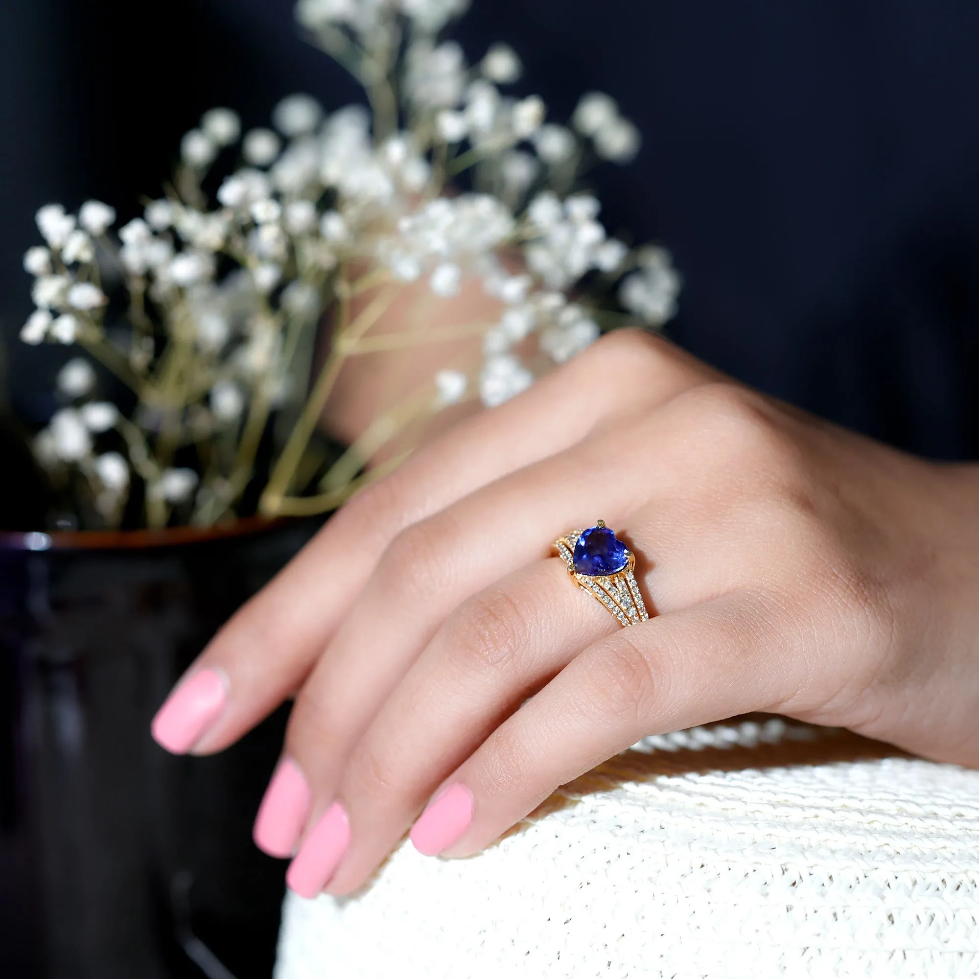 Created Blue Sapphire Heart Engagement Ring with Diamond