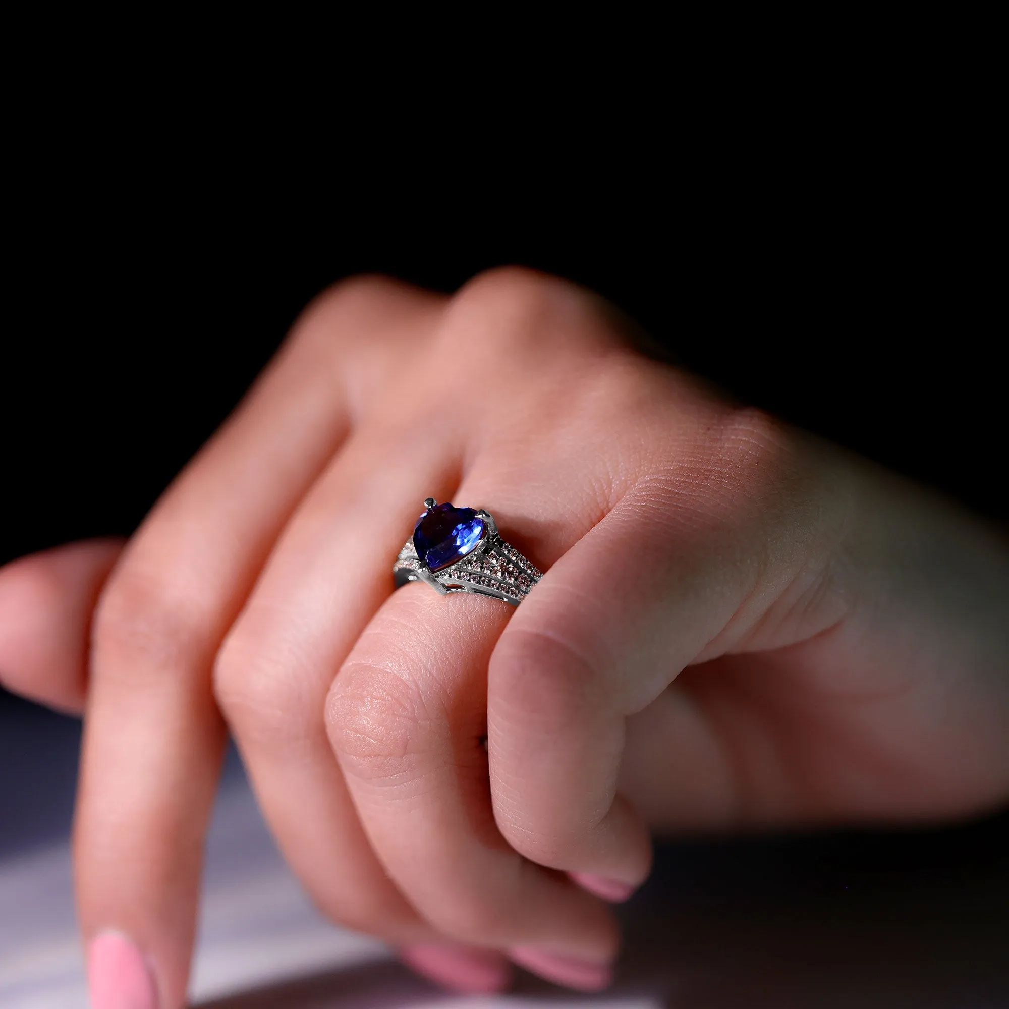 Created Blue Sapphire Heart Engagement Ring with Diamond